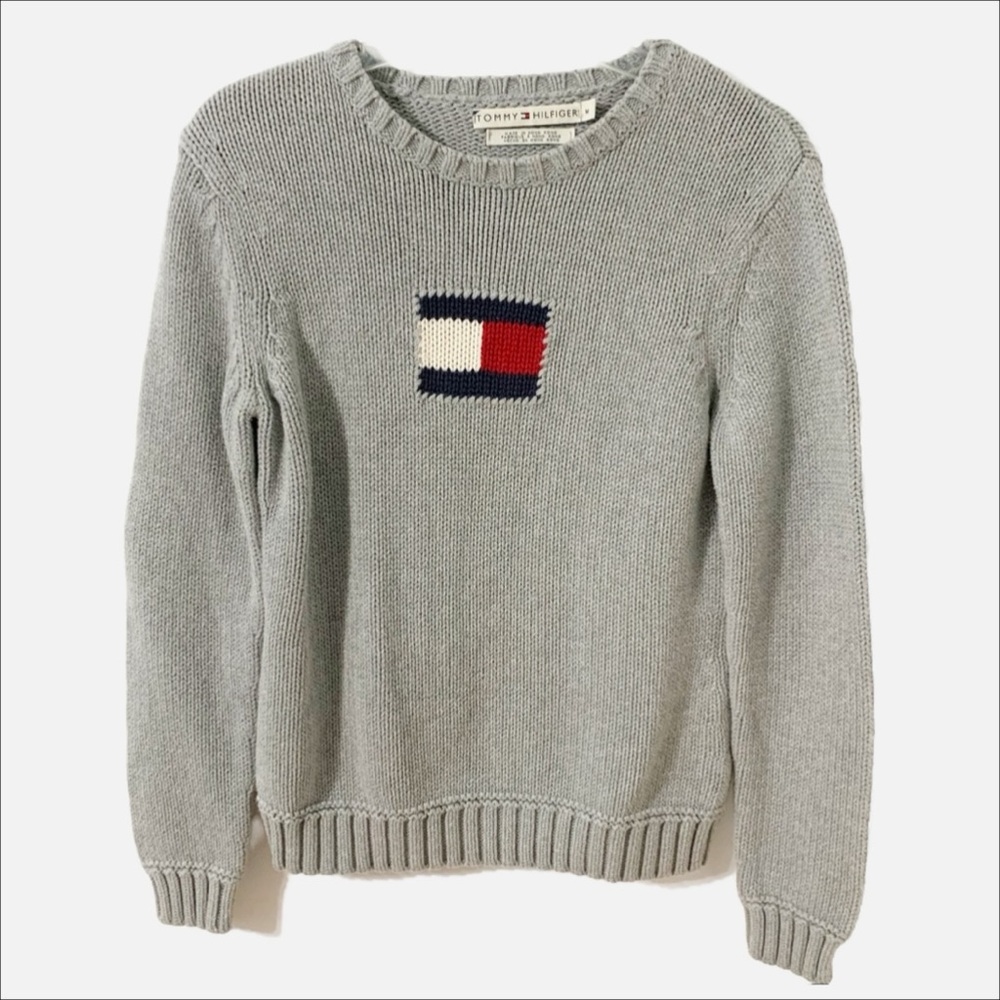 Tommy Hilfiger Logo Graphic 100% Cotton Long Sleeve Crewneck Pullover Sweater